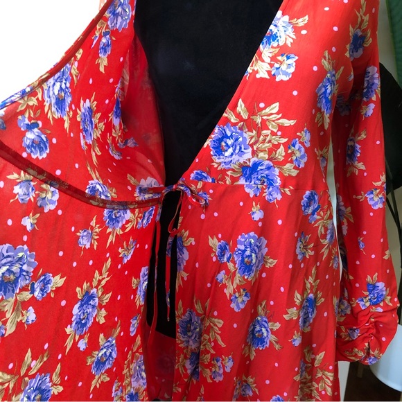 Zara Floral Red Deep V-neck Long Sleeve Wrap Dress Large - Picture 5 of 11